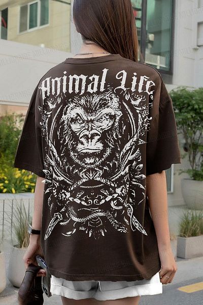 Teenage Millionaire Καφέ Oversize Casual T-Shirt - Γυναικείο, Animal Life Printed