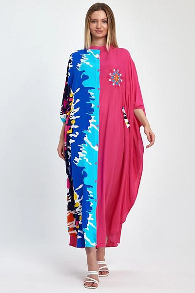 AYASOFYA OTANTIK Rochie lungă supradimensionată pentru femei, cu guler fucsia albastru - Design lejer cu nasturi