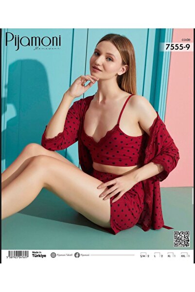 Pijamoni Kadın Milan Kumaş Sabahlıklı Şortlu Pijama Takımı