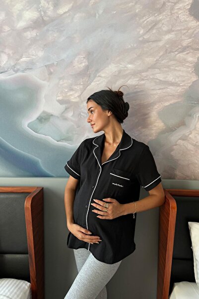 Mini Manhattan Design Siyah %100 Pamuklu Kısa Kol Kaliteli Doğal Dokulu Hamil...