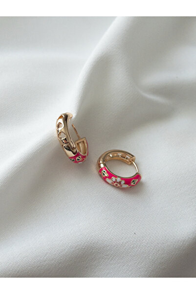 Siya Silver Pembe Çiçekli Mineli Gold Renk Küpe