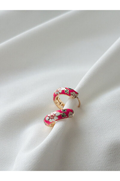 Siya Silver Pembe Çiçekli Mineli Gold Renk Küpe