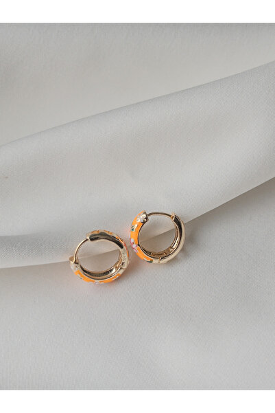 Siya Silver Turuncu Çiçekli Mineli Gold Renk Küpe