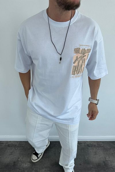 MADZEYMODA Λευκό μπλουζάκι Oversize - Crew Neck, Back Printed