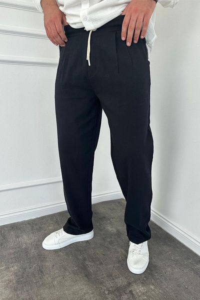 MADZEYMODA Μαύρο λινό παντελόνι - φαρδιά φαρδιά εφαρμογή, ελαστική μέση, πλισέ