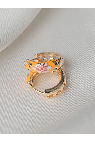 Siya Silver Turuncu Çiçekli Mineli Gold Renk Küpe