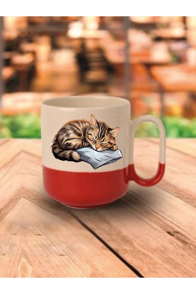 lili hediyelik Red Base Sleeping Mug - Gift for Lover, Ceramic Tea and Coffee Cup