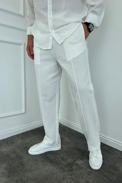 MADZEYMODA Λευκό ριγέ ανδρικό φαρδύ παντελόνι - Ελαστική μέση
