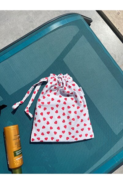 Sumicorn Design Kalp Desenli Ekolojik Bez Kese,Keten Büzgülü İpli Düzenleyici Kese,Makyaj Seyahat Çantası