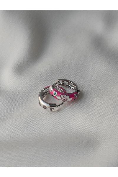 Siya Silver Silver Colored Pink Flower Patterned Earrings