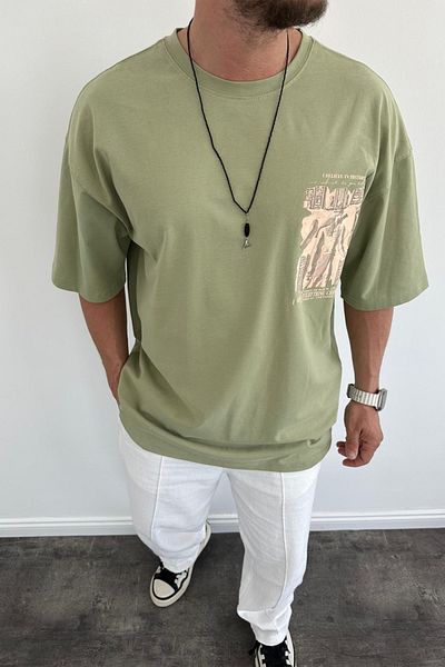 MADZEYMODA Ανδρικό T-Shirt Khaki Green - Oversize Loose Fit, Crew Neck, Back Printed