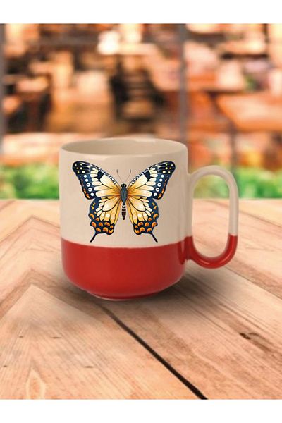 lili hediyelik Butterfly Patterned Ceramic Tea and Coffee Cup with Red Base - Gift for Lover