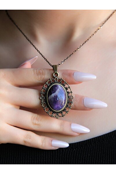 esha Doğal Taş Ametist Doğal Taşlı Otantik Kadın Kolye 45 Cm Zincirli euk13at