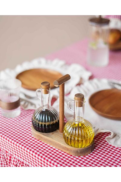 KaiHome 2-Piece Acacia and Stand Oil Pot Set