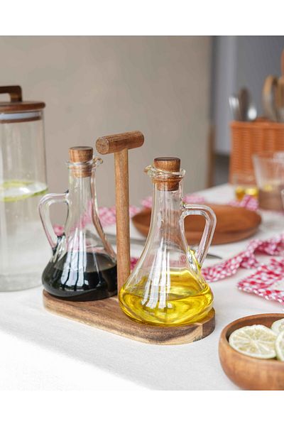 KaiHome 2-Piece Acacia and Stand Oil Pot Set