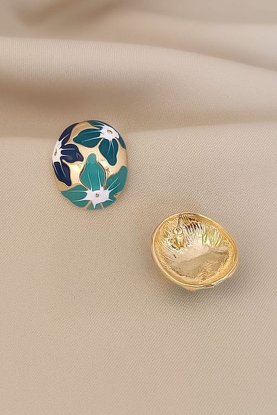 COSİTA Navy Blue Turquoise Leaf Pattern - Gold Colored Hemisphere Earrings