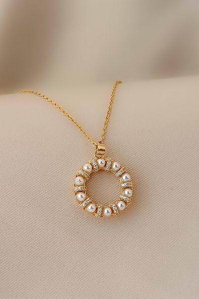 COSİTA Classic Pearl Zircon Jewelled Circle Wreath Gold Necklace