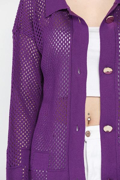 GÜLSELİ Openwork Purple Knitwear Women's Cardigan - Gold Button Detail