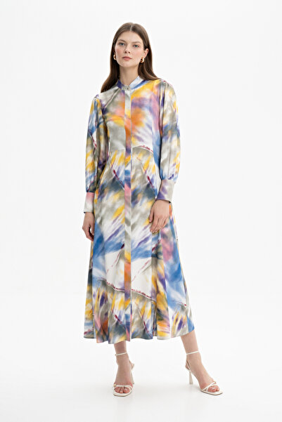 Aker Saten Dokulu Desenli Elbise