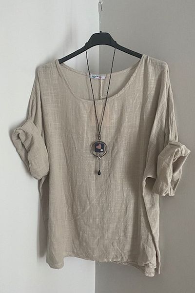 AYASOFYA OTANTIK Γυναικεία ιταλική μπεζ μπλούζα oversize casual με αξεσουάρ κολιέ