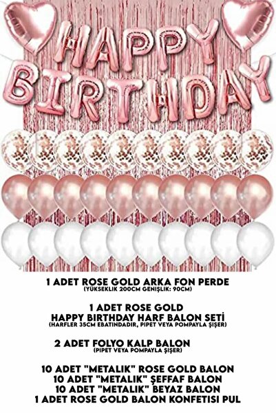 Bkmc Rose Gold Pembe Happy Birthday Ve Kalp Folyo Ve 30 Rose Beyaz Şeffaf Balonlu Arka Fon Perde Set