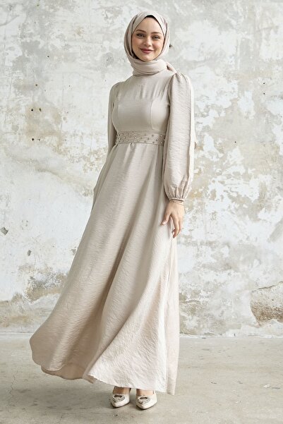 InStyle Glittery Satin Dress with Stone Belt - Beige