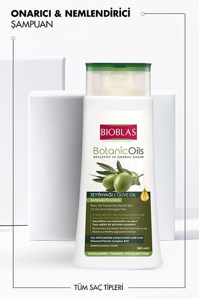 Bioblas 360 ml Organic Olive Oil and Dry and Damaged Hair Shampoo for Ponytail Oil