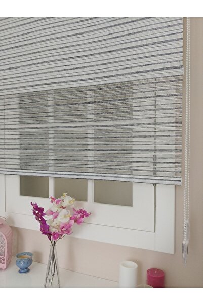atölyeperde Çiftli Sistem Gri Kalın Çizgili Gümüş Simli Hasır Düz Tül + Stor