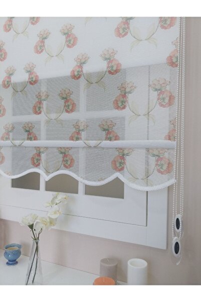 atölyeperde Atölye Perde Çiftli Sistem Kırmızı Sarı Çiçek Baskılı Için Tül + ...