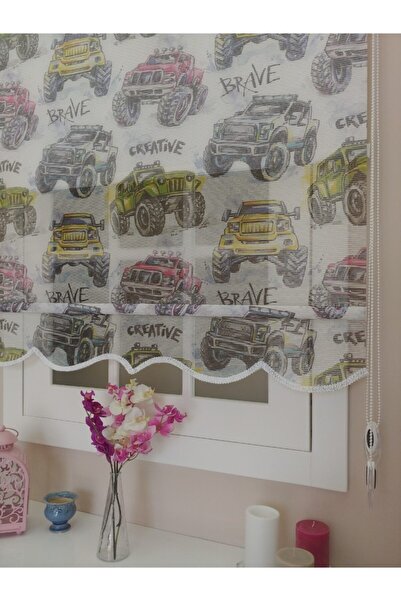 atölyeperde Atölye Perde Çiftli Sistem Beyaz Üzerine Racing Off-road Araba Ba...