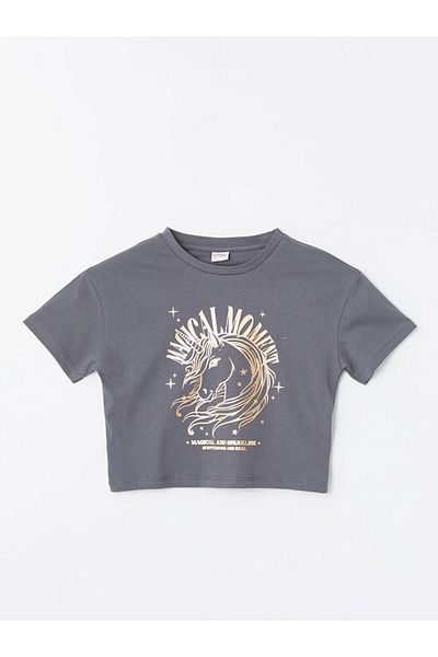 LC Waikiki LCW Kids Crew Neck Printed Short Sleeve Girls Crop T-Shirt