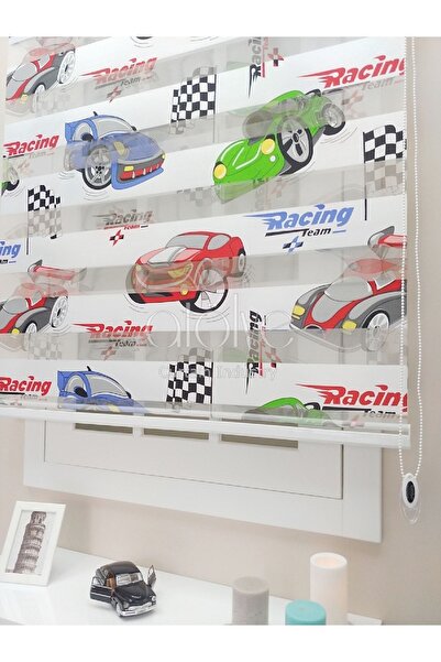 atölyeperde Beyaz Kırmızı Racing Araba Baskılı Zebra Stor Perde