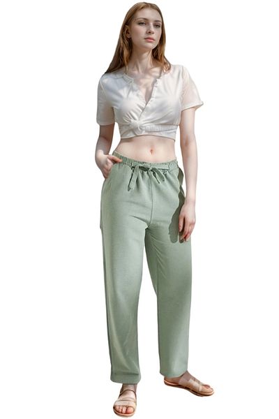 Cassime Green Linen - Women's Carrot Trousers with Belt and Pockets