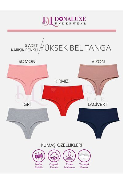 Donaluxe Tanga de damă cu talie înaltă, gri bleumarin, nurcă, roșu somon, bumbac, țesătură moale, pachet de 5 chiloți