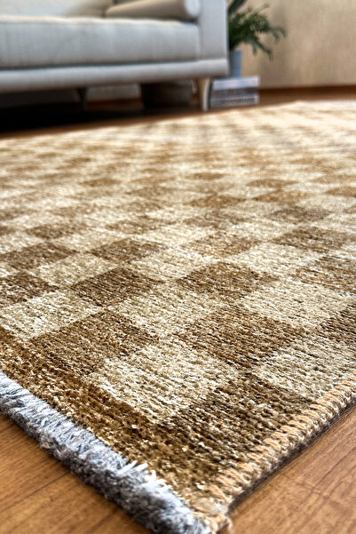 MYHOME HALI Moretti Nordi Küp Kare Desenli Yıkanabilir Kahverengi Salon Mutfa...