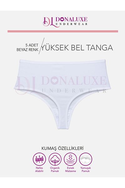 Donaluxe Tanga de damă cu talie înaltă, culoare albă, din bumbac, țesătură moale, pachet de 5 chiloți