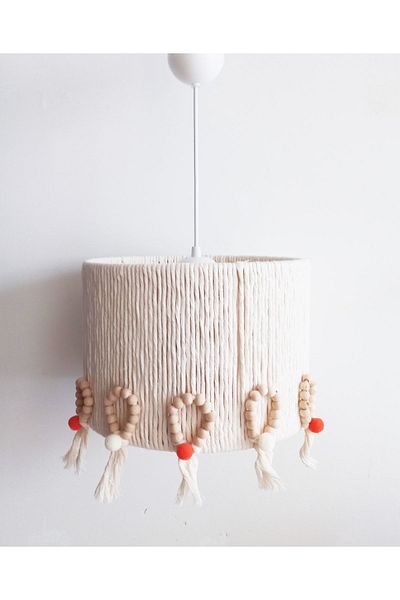 C&A&B KUZEY AVİZE Ecru Macrame Rope Wrapped Cylinder Wooden Beads and Pompom Design Pendant Lamp Chandelier