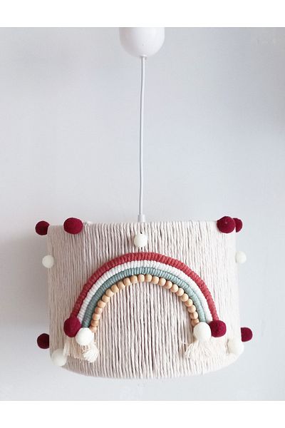 C&A&B KUZEY AVİZE Ecru Macrame Rope Wrapped Colorful Rainbow Wooden Beaded Baby Girl Children's Room Pendant Lamp Chandelier