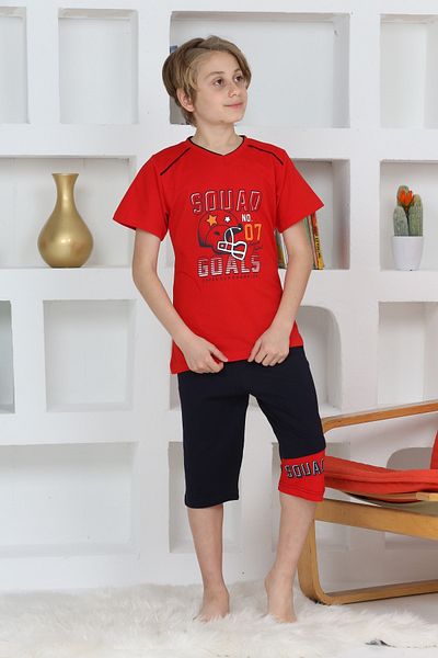 KAPİKİDS Boy's Red Capri Pajama Set - Crew Neck, Helmet Printed
