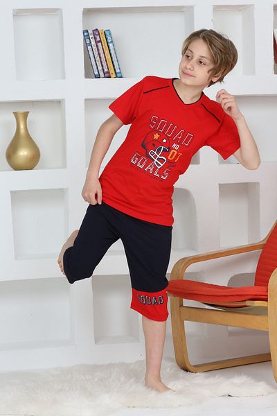 KAPİKİDS Boy's Red Capri Pajama Set - Crew Neck, Helmet Printed