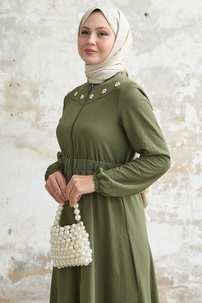 InStyle Khaki Ferace - Flower and Pearl Detailed Elastic