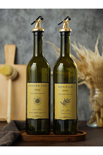 BÜYÜLÜ HOME Ahşap Stantlı Amber 2 Adet Gold Tıpalı Gold Etiketli 750ml Zeytinyağı Ayçiçek Yağı Sıvıyağ Şişesi
