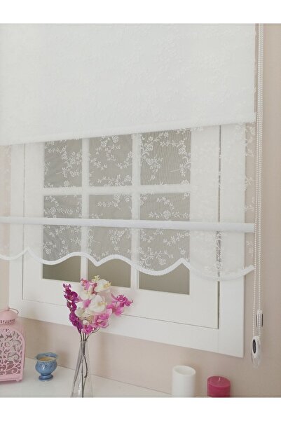 atölyeperde Atölye Perde Çiftli Sistem Beyaz Sarmaşık Küçük Gül Desenli Tül V...