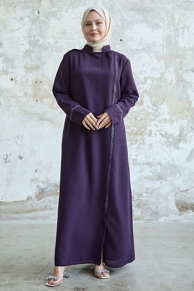 InStyle Stone Detailed Collar and Front Robe Plum Ferace