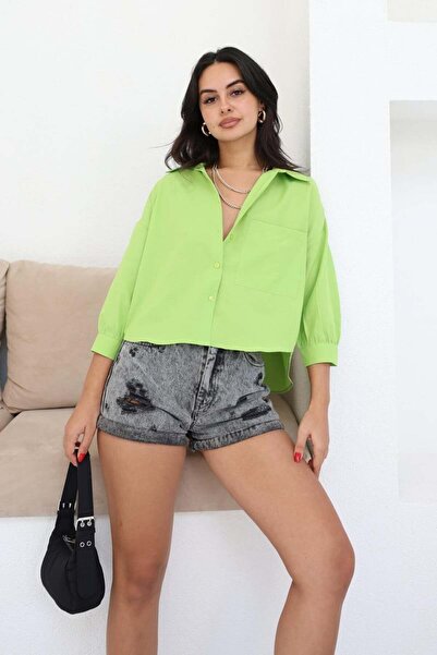 MDZ COLLECTION Kadın Fıstık Yeşili Tek Cepli Bol Kalıp Oversize Yarım Kol Düz...