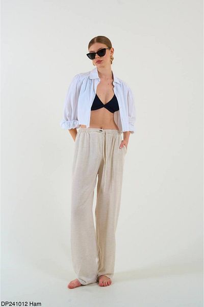 Liora Women's Premium Linen Trousers - Natural, Elastic Waist, Buttoned Laced