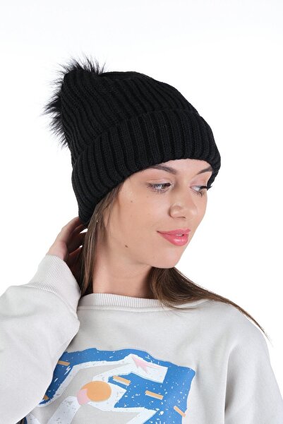 Ritagarcia Kadın Siyah Kışlık Ponponlu Triko Bere