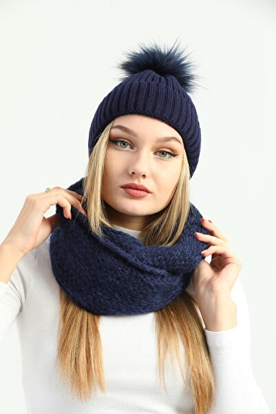 Ritagarcia Жіночий синій трикотажний капелюх з помпонами та в'язаний шарф
