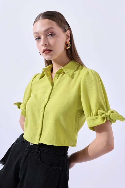 MDZ COLLECTION Kadın Fıstık Yeşili Crop Comfort Yarım Kol Bağlamalı Cepsiz Gü...