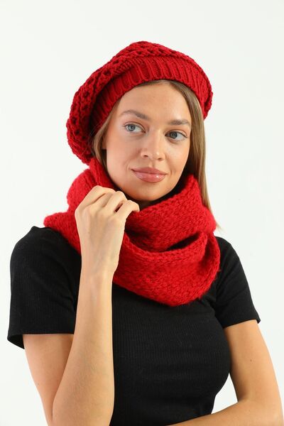 Ritagarcia طقم قبعة رسام محبوكة باللون الأحمر وياقة عنق محبوكة للسيدات